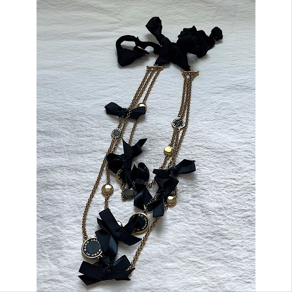 Marc By Marc Jacobs Long Triple Strand Black and Gold Necklace w Ribbon Tie